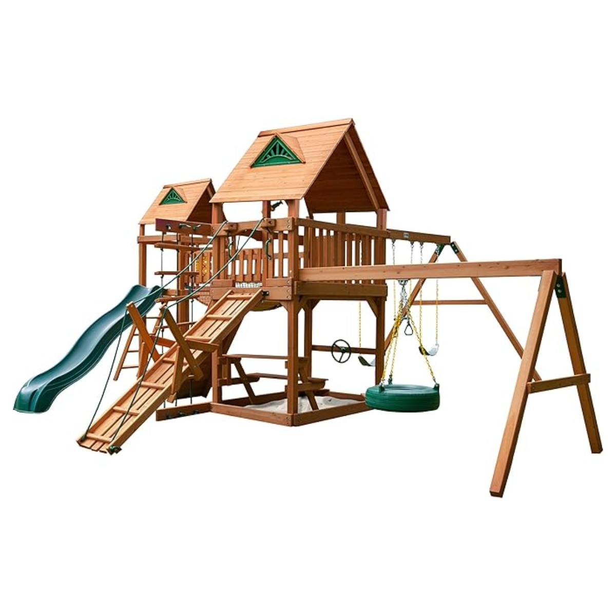 moblim-product-54-image-1 Gorilla Playsets Pioneer Peak Treehouse Wooden Swing Set with Tire Swing, and Clatter Bridge and Tower - Image 1