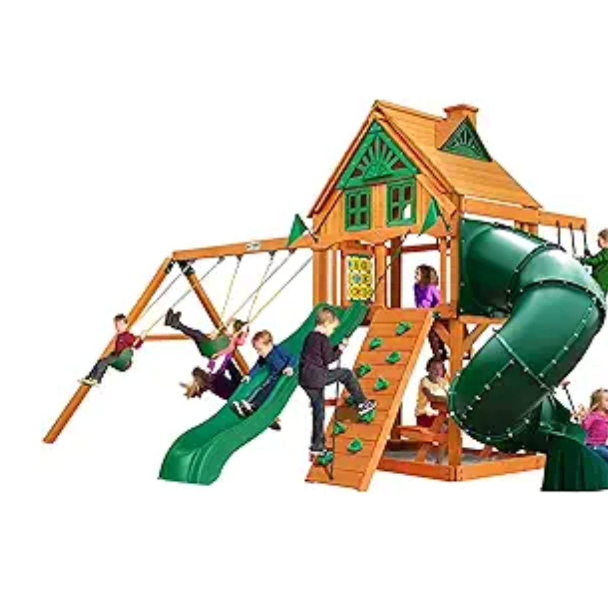 moblim-product-55-image-1 Gorilla Playsets Mountaineer Treehouse Wooden Swing Set with Tube Slide, Rope Ladder, and Sandbox - Image 1
