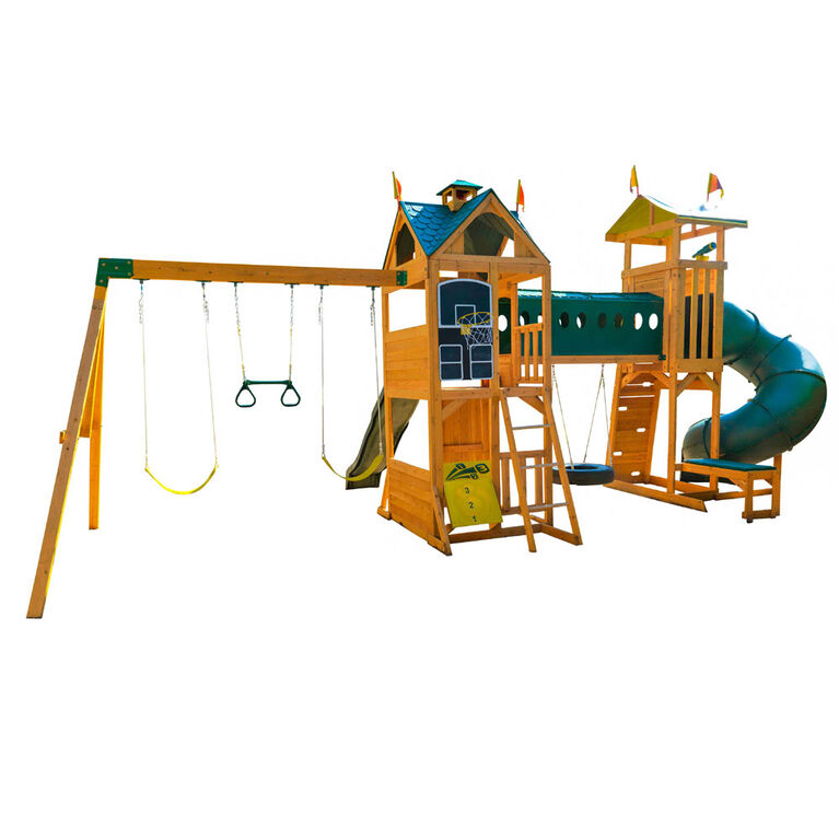 laitmm-product-42-image-1.png KidKraft Mockingbird View Wooden Swing Set / Playset with Tower, Hoop, Tunnel, and Tire Swing - Image 1