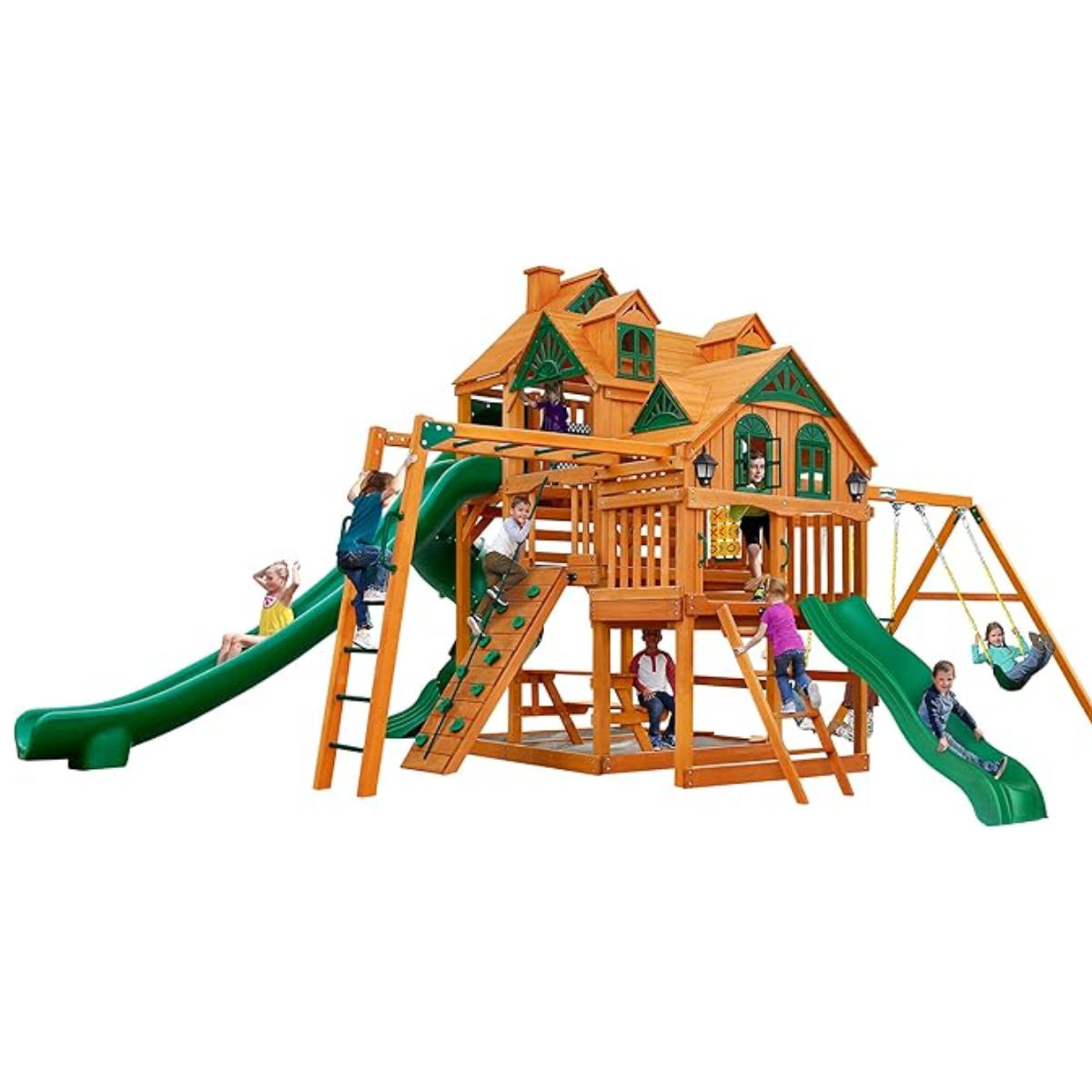laitmm-product-46-image-1.png Gorilla Playsets Empire Extreme Wooden Swing Set with Monkey Bars, Clatter Bridge, Tower, and 3 Slides - Image 1