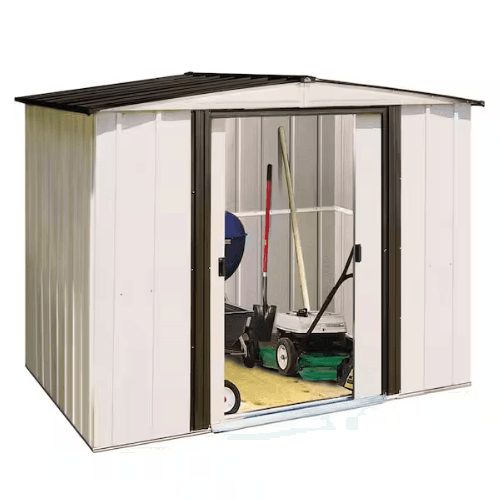 ltm-product-258-image-1.png Newport 8 ft. W x 6 ft. D 2-Tone Eggshell and Coffee Galvanized Metal Shed with Sliding Lockable Doors (43 sq. ft.) - Image 1