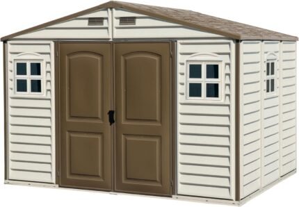 10 x 8 ft Outdoor Resin Storage Shed with Double Doors, Windows & Floor Foundation – Plastic Backyard Shed